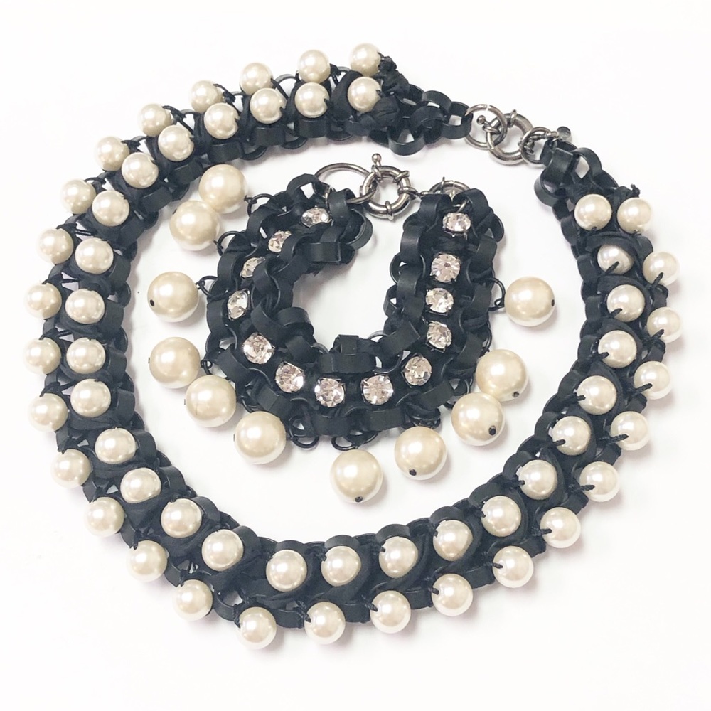 Lee Angel‎ Pearl Rhinestone necklace bracelet 2 pc statement set